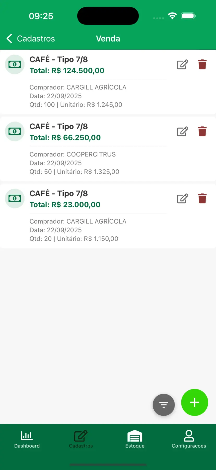 Histórico de operações